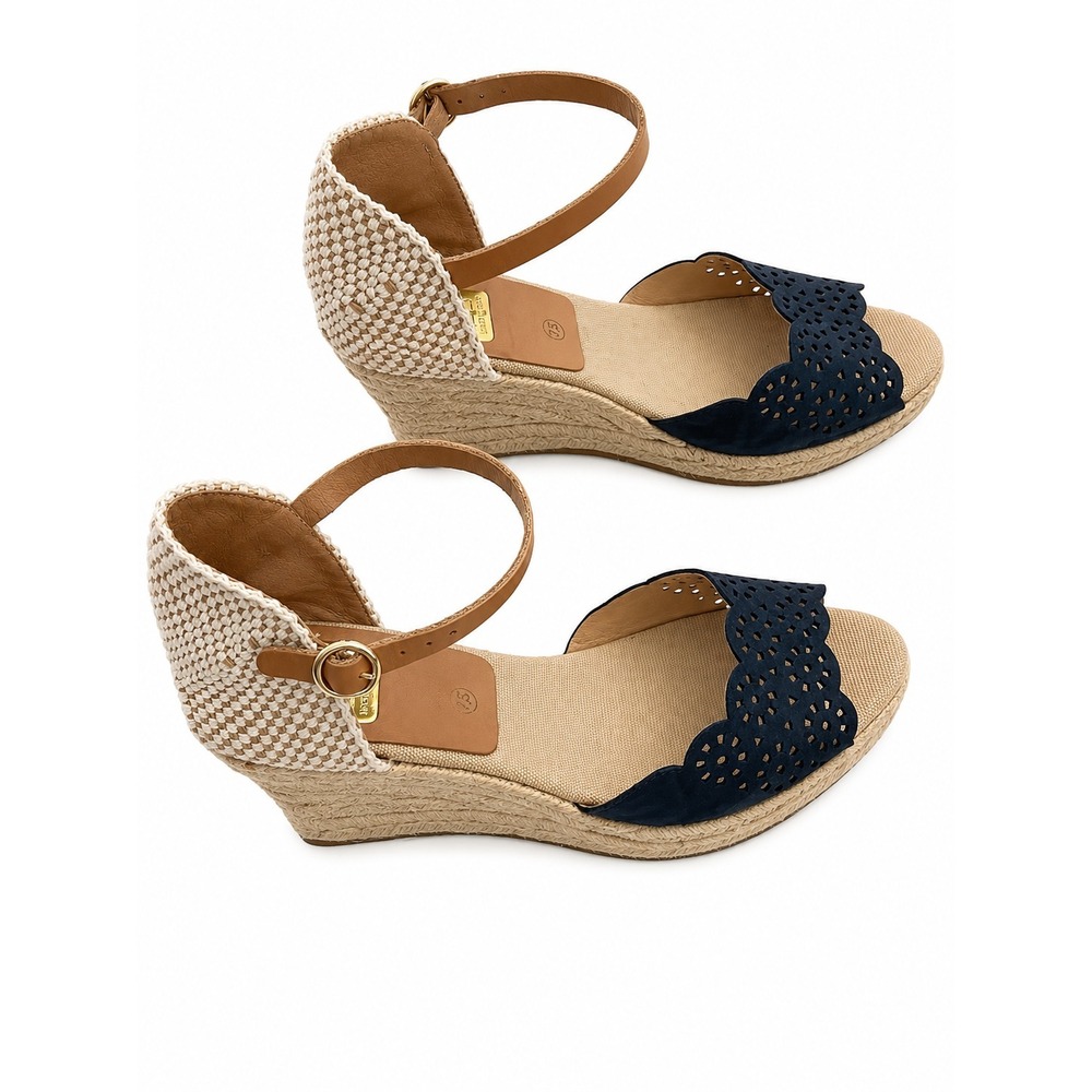 Kanna Women's Ankle Strap Wedge Espadrille 4207 Sandal Navy Suede Tan 7.5 38 EU